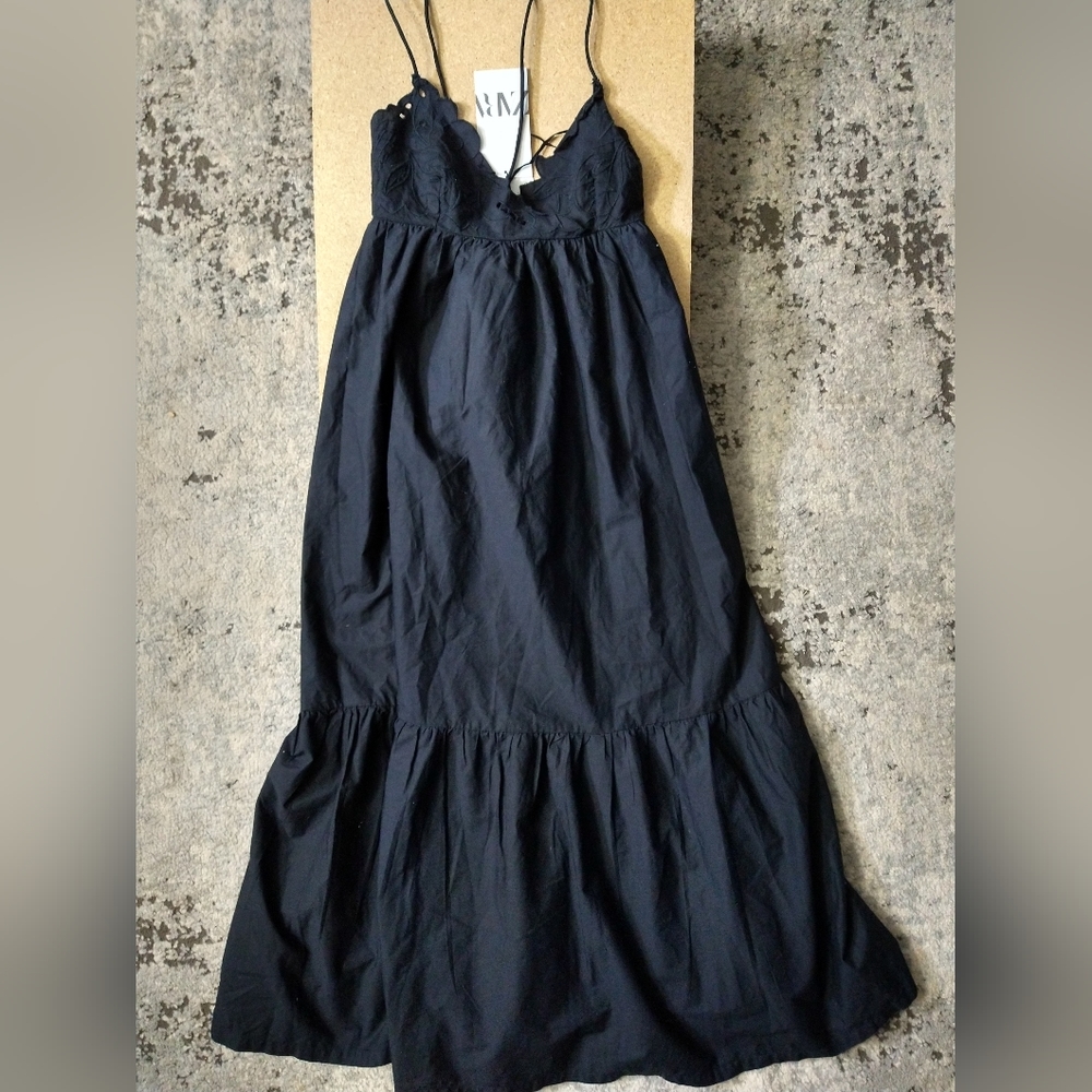 Zara Sexy Black Spaghetti Strap Halter Billow Boho Maxi Dress XS